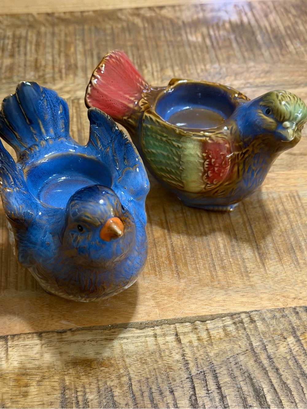 2 Vintage Ceramic Birds Candle Holder Multi Color 5 1/2" L 3” H Beautiful Glaze